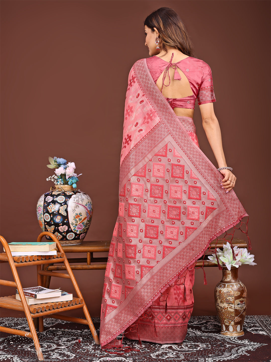 Astita Radiant Peach Linen Cotton Patola Saree – Where Tradition Dances with Elegance
