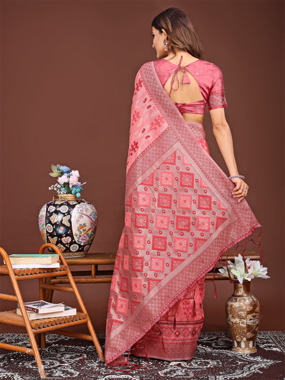 Astita Radiant Peach Linen Cotton Patola Saree – Where Tradition Dances with Elegance