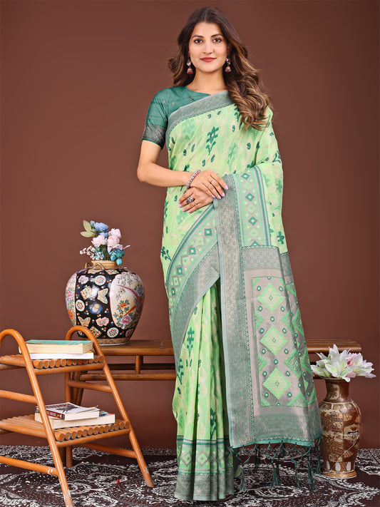 Astita Radiant Light Green Linen Cotton Patola Saree – Where Tradition Dances with Elegance