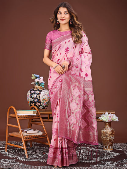 Astita Radiant Pink Linen Cotton Patola Saree – Where Tradition Dances with Elegance