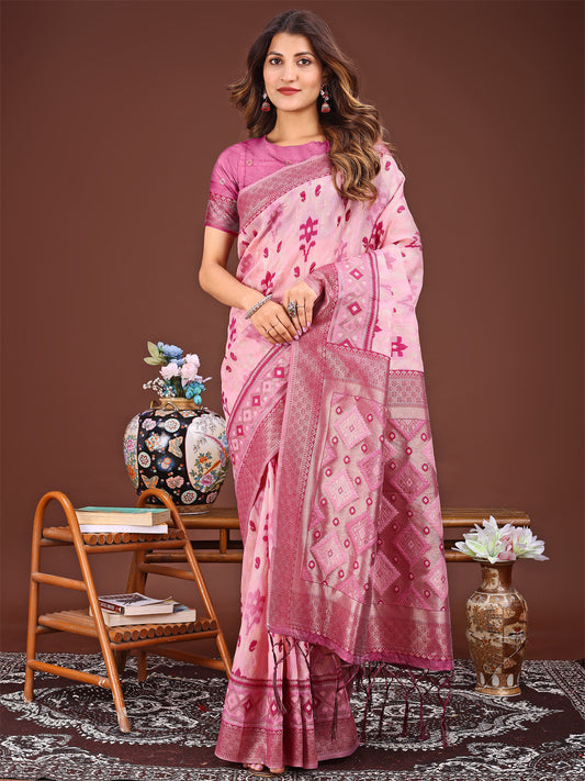 Astita Radiant Pink Linen Cotton Patola Saree – Where Tradition Dances with Elegance