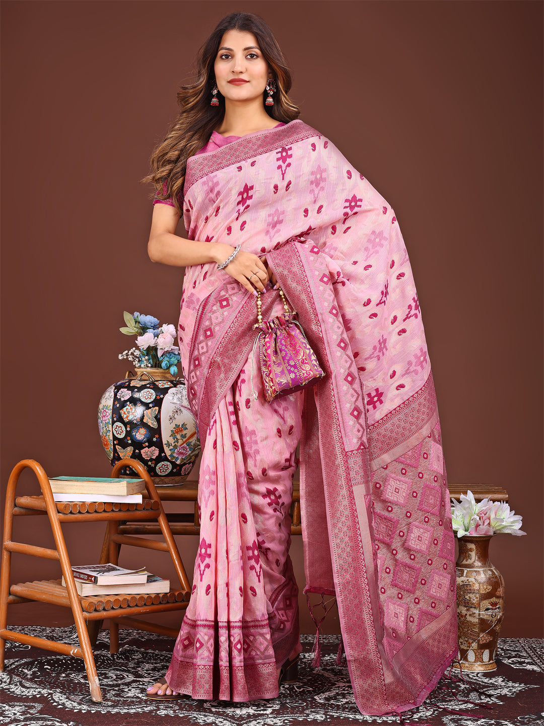 Astita Radiant Pink Linen Cotton Patola Saree – Where Tradition Dances with Elegance