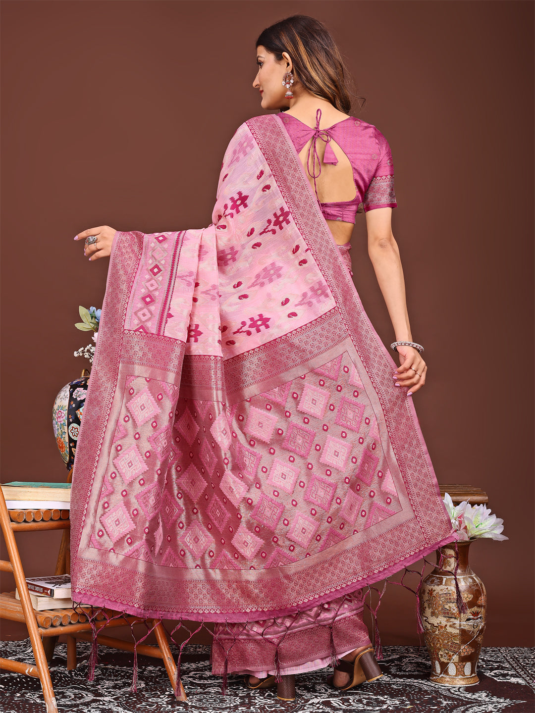 Astita Radiant Pink Linen Cotton Patola Saree – Where Tradition Dances with Elegance