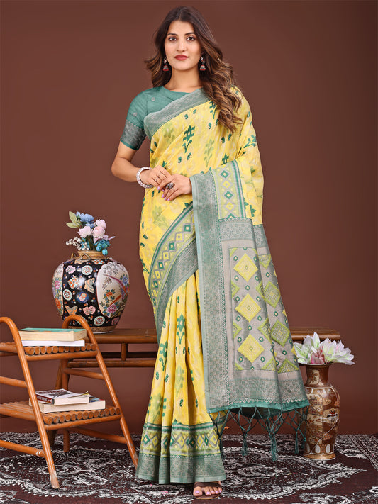 Astita Radiant Yellow Linen Cotton Patola Saree – Where Tradition Dances with Elegance