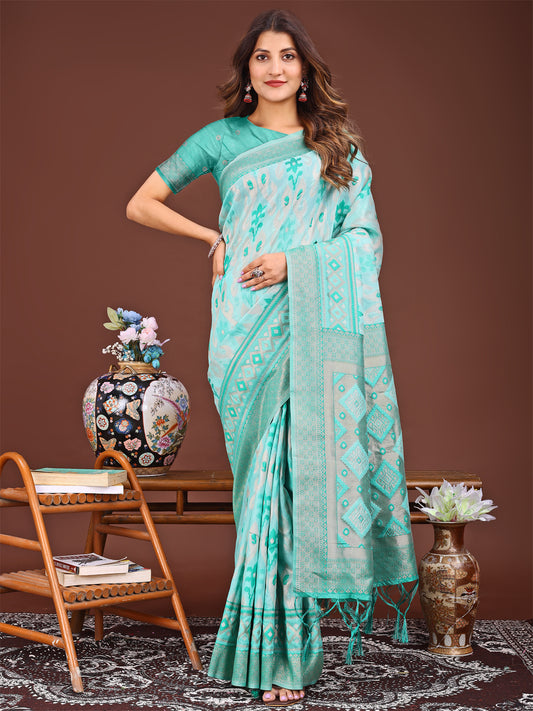 Astita Radiant Sea Green Linen Cotton Patola Saree – Where Tradition Dances with Elegance