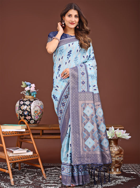 Astita Radiant Sky Blue Linen Cotton Patola Saree – Where Tradition Dances with Elegance