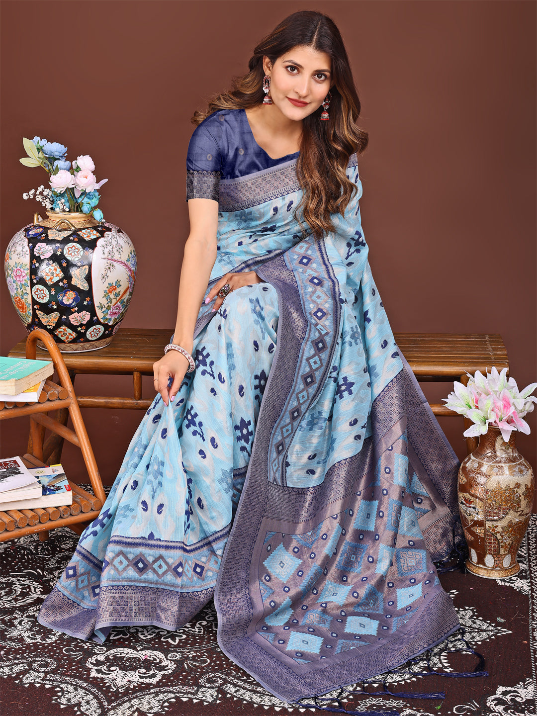 Astita Radiant Sky Blue Linen Cotton Patola Saree – Where Tradition Dances with Elegance