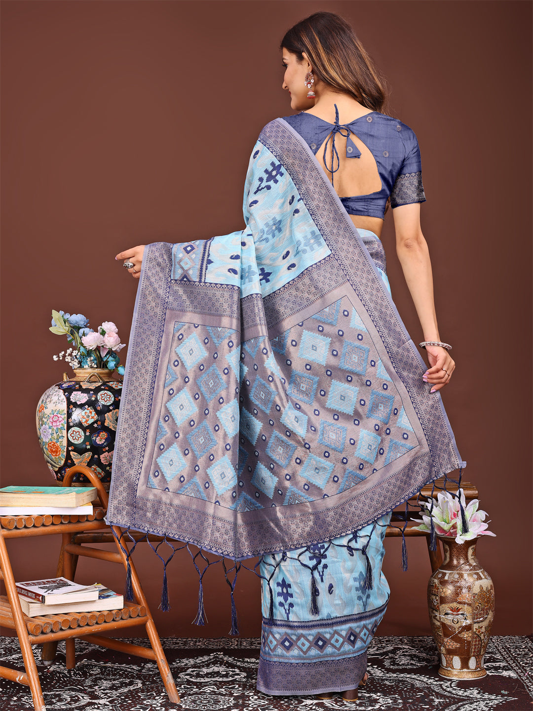 Astita Radiant Sky Blue Linen Cotton Patola Saree – Where Tradition Dances with Elegance