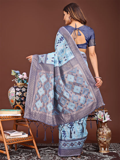 Astita Radiant Sky Blue Linen Cotton Patola Saree – Where Tradition Dances with Elegance