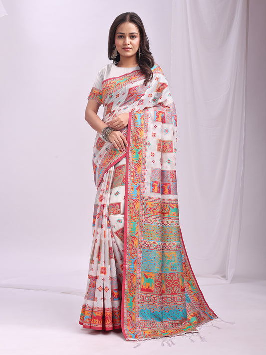 Astita White Linen Cotton Saree with Multicolor Ethnic Print – Soft & Lightweight Saree for Festive, Daily, and Office Wear