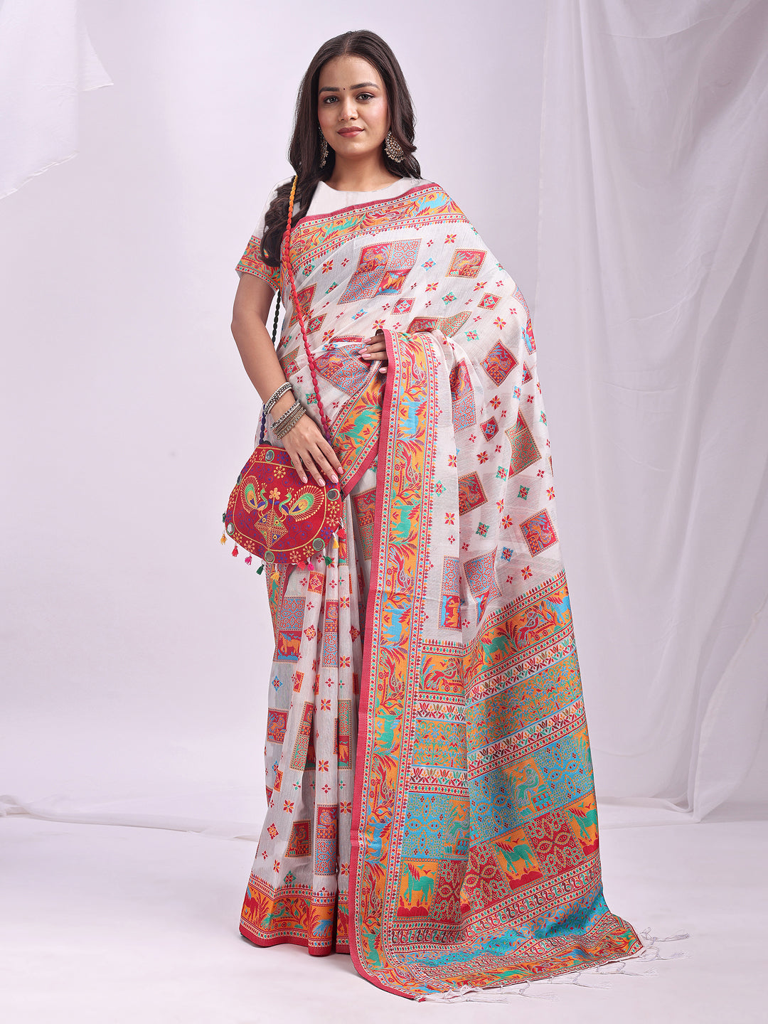 Astita White Linen Cotton Saree with Multicolor Ethnic Print – Soft & Lightweight Saree for Festive, Daily, and Office Wear