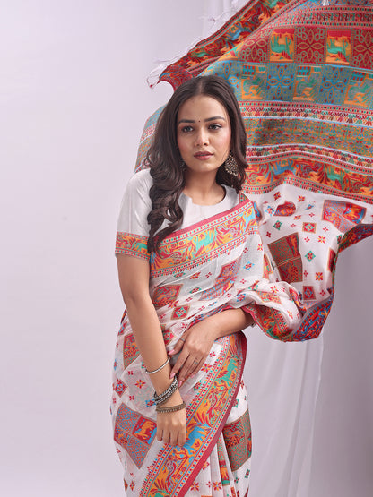 Astita White Linen Cotton Saree with Multicolor Ethnic Print – Soft & Lightweight Saree for Festive, Daily, and Office Wear