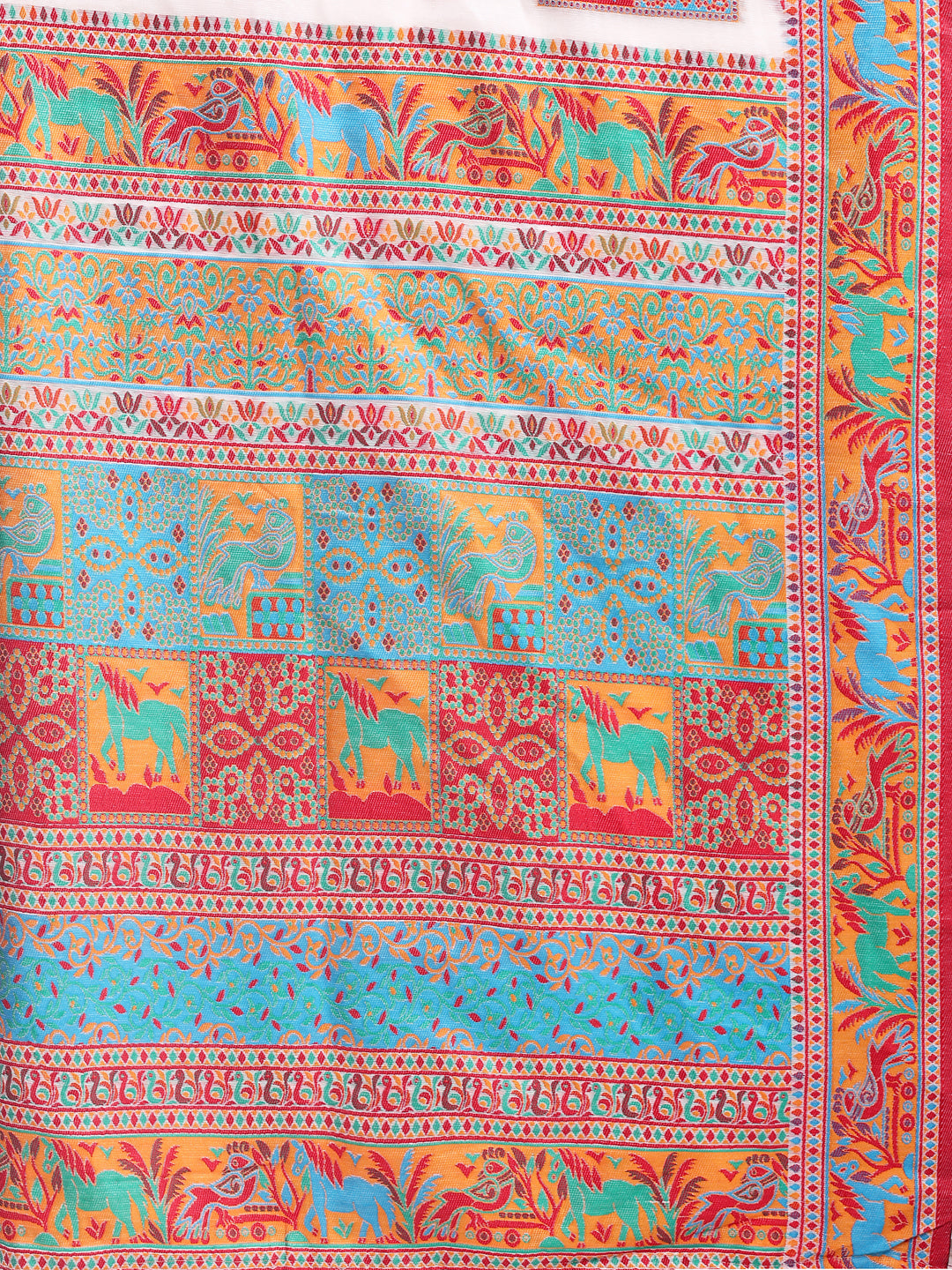 Astita White Linen Cotton Saree with Multicolor Ethnic Print – Soft & Lightweight Saree for Festive, Daily, and Office Wear