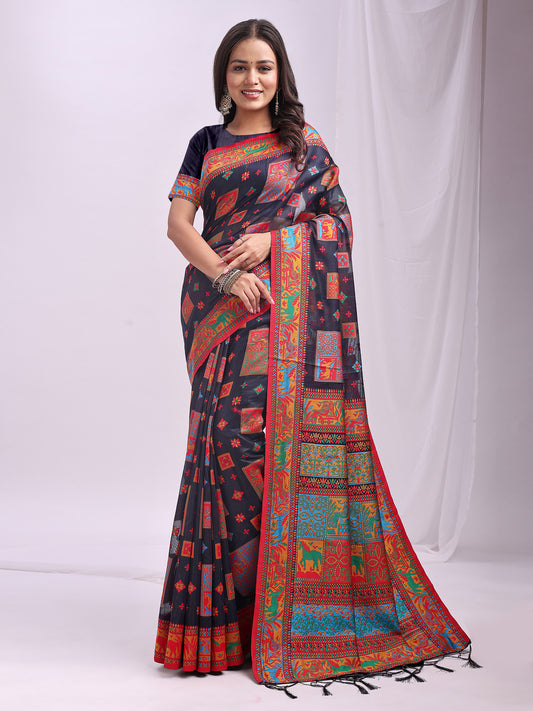 Astita Navy Blue Linen Cotton Saree with Multicolor Ethnic Print – Soft & Lightweight Saree for Festive, Daily, and Office Wear