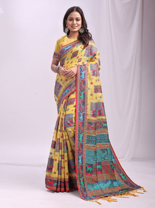 Astita Yellow Linen Cotton Saree with Multicolor Ethnic Print – Soft & Lightweight Saree for Festive, Daily, and Office Wear