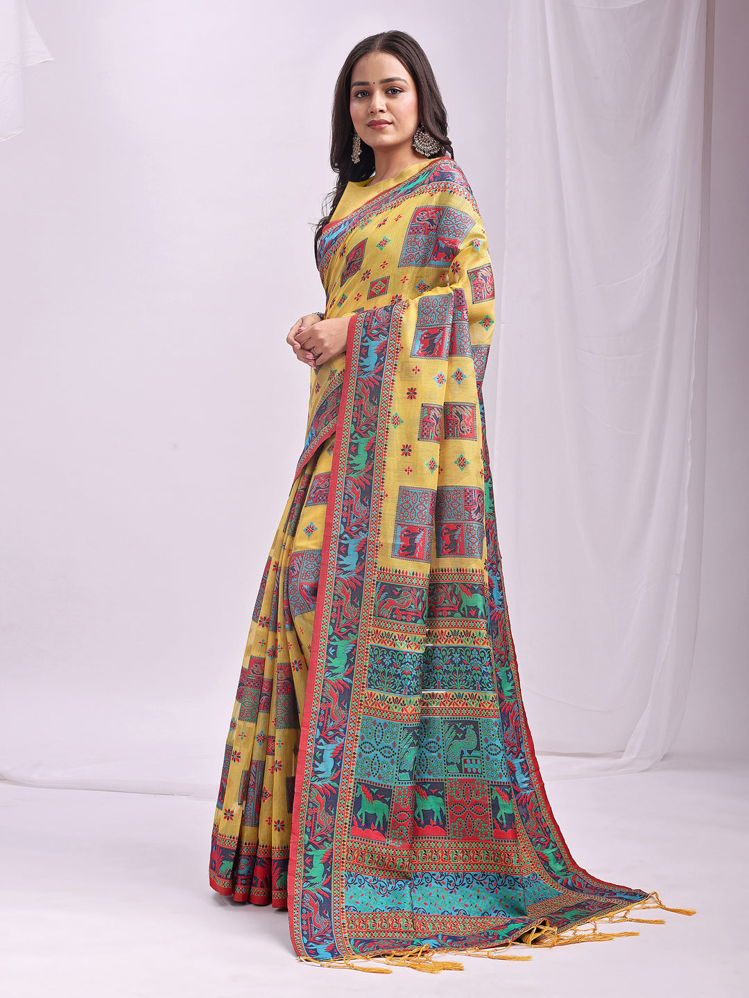 Astita Yellow Linen Cotton Saree with Multicolor Ethnic Print – Soft & Lightweight Saree for Festive, Daily, and Office Wear