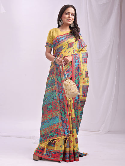 Astita Yellow Linen Cotton Saree with Multicolor Ethnic Print – Soft & Lightweight Saree for Festive, Daily, and Office Wear