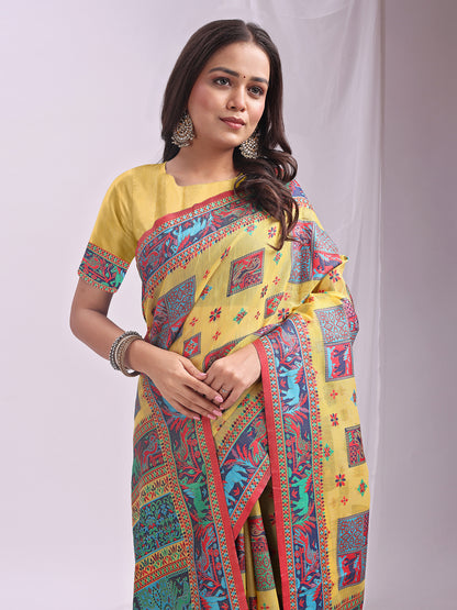 Astita Yellow Linen Cotton Saree with Multicolor Ethnic Print – Soft & Lightweight Saree for Festive, Daily, and Office Wear