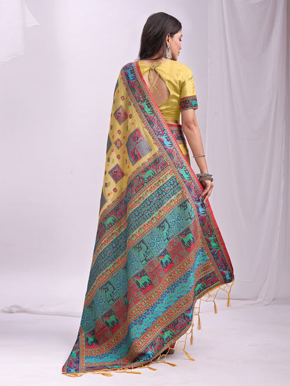 Astita Yellow Linen Cotton Saree with Multicolor Ethnic Print – Soft & Lightweight Saree for Festive, Daily, and Office Wear