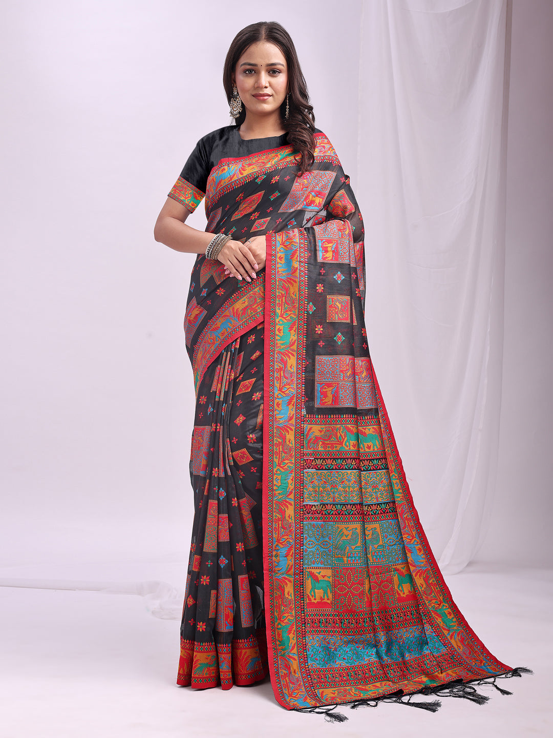 Astita Black Linen Cotton Saree with Multicolor Ethnic Print – Soft & Lightweight Saree for Festive, Daily, and Office Wear