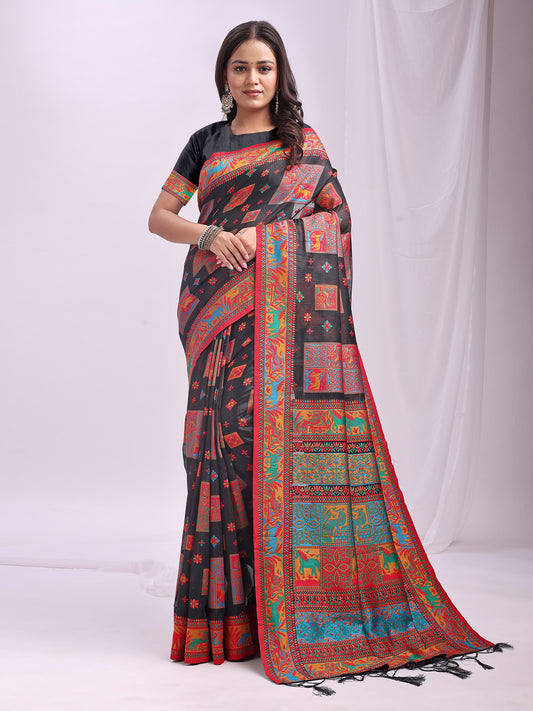 Astita Black Linen Cotton Saree with Multicolor Ethnic Print – Soft & Lightweight Saree for Festive, Daily, and Office Wear