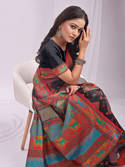 Astita Black Linen Cotton Saree with Multicolor Ethnic Print – Soft & Lightweight Saree for Festive, Daily, and Office Wear