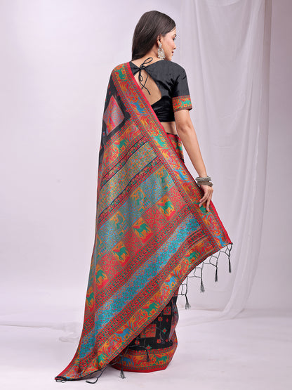 Astita Black Linen Cotton Saree with Multicolor Ethnic Print – Soft & Lightweight Saree for Festive, Daily, and Office Wear