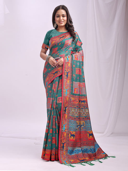 Astita Rama Green Linen Cotton Saree with Multicolor Ethnic Print – Soft & Lightweight Saree for Festive, Daily, and Office Wear