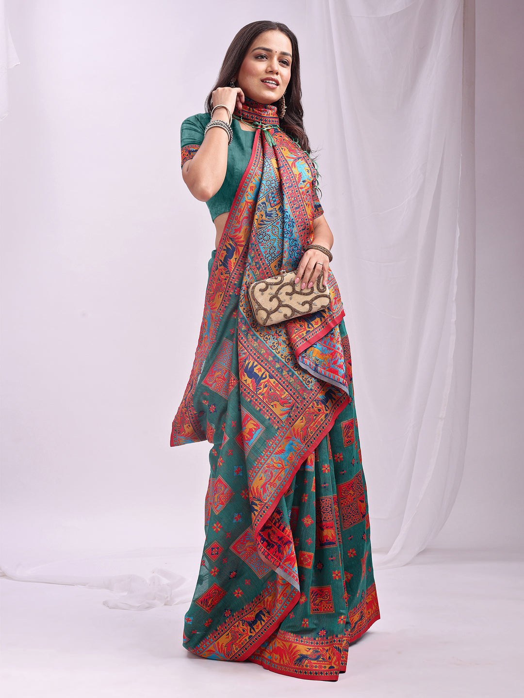Astita Rama Green Linen Cotton Saree with Multicolor Ethnic Print – Soft & Lightweight Saree for Festive, Daily, and Office Wear