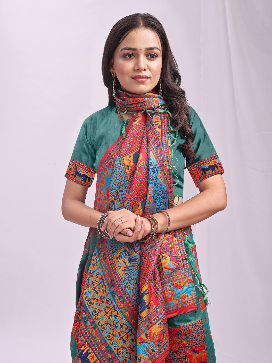 Astita Rama Green Linen Cotton Saree with Multicolor Ethnic Print – Soft & Lightweight Saree for Festive, Daily, and Office Wear