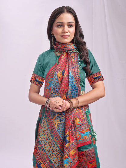 Astita Rama Green Linen Cotton Saree with Multicolor Ethnic Print – Soft & Lightweight Saree for Festive, Daily, and Office Wear