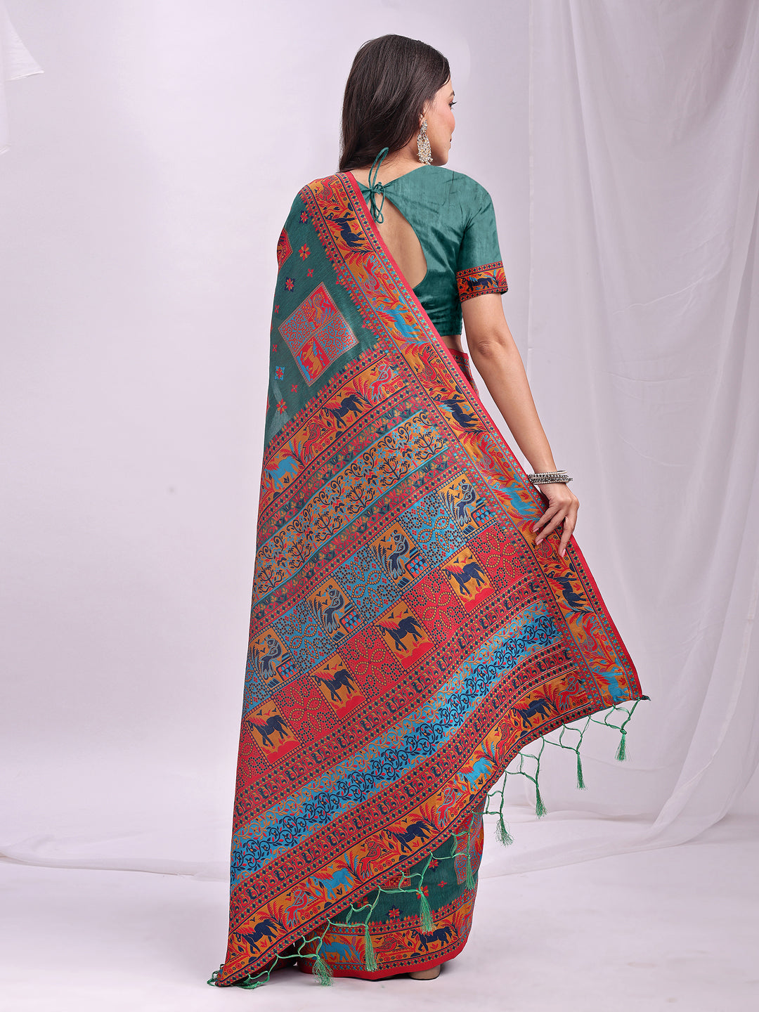 Astita Rama Green Linen Cotton Saree with Multicolor Ethnic Print – Soft & Lightweight Saree for Festive, Daily, and Office Wear