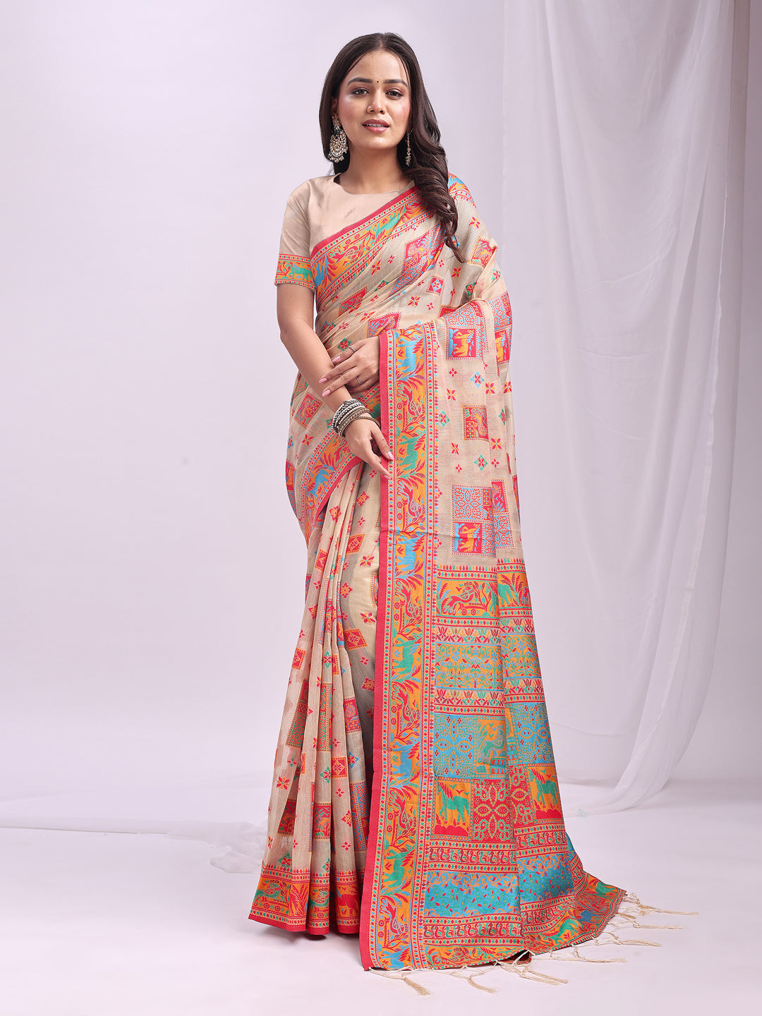 Astita Off White Linen Cotton Saree with Multicolor Ethnic Print – Soft & Lightweight Saree for Festive, Daily, and Office Wear