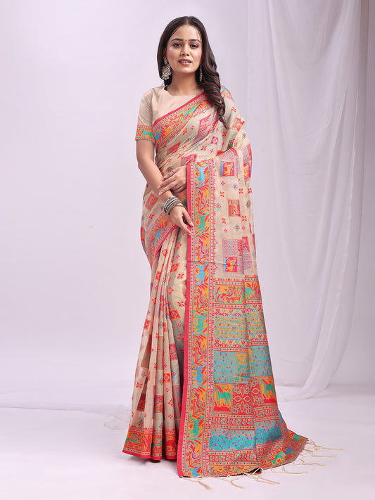 Astita Off White Linen Cotton Saree with Multicolor Ethnic Print – Soft & Lightweight Saree for Festive, Daily, and Office Wear