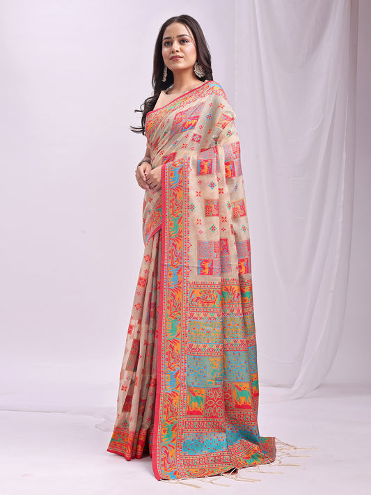 Astita Off White Linen Cotton Saree with Multicolor Ethnic Print – Soft & Lightweight Saree for Festive, Daily, and Office Wear