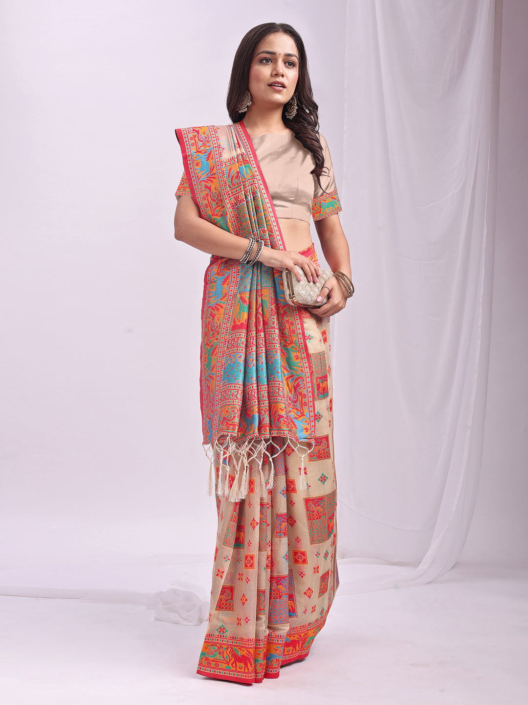 Astita Off White Linen Cotton Saree with Multicolor Ethnic Print – Soft & Lightweight Saree for Festive, Daily, and Office Wear