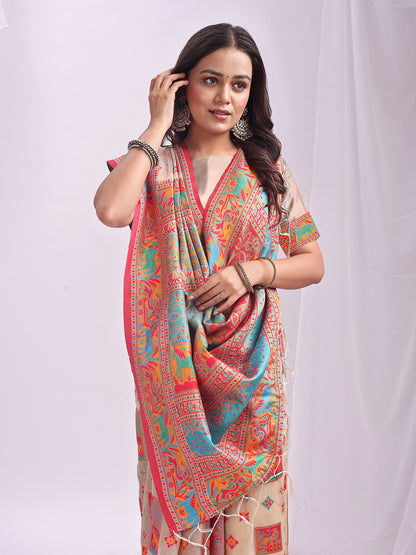 Astita Off White Linen Cotton Saree with Multicolor Ethnic Print – Soft & Lightweight Saree for Festive, Daily, and Office Wear
