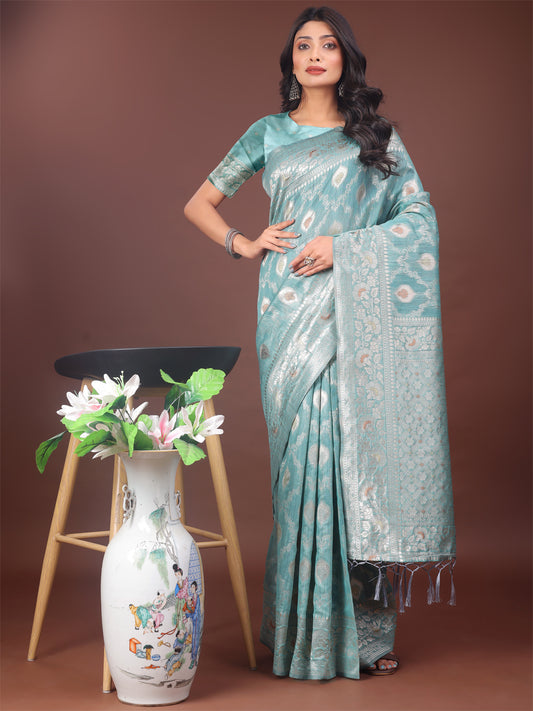 Astita Elegant Sea Green Linen Cotton Saree with Silver Zari – Perfect Blend of Comfort & Charm