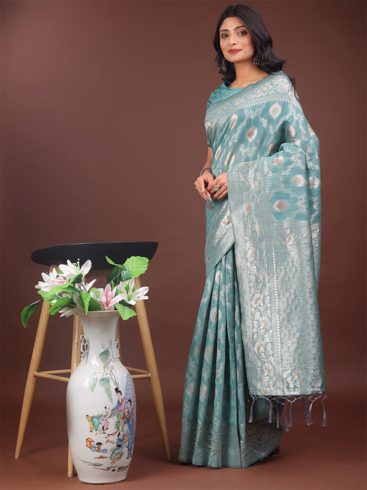 Astita Elegant Sea Green Linen Cotton Saree with Silver Zari – Perfect Blend of Comfort & Charm