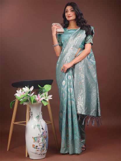 Astita Elegant Sea Green Linen Cotton Saree with Silver Zari – Perfect Blend of Comfort & Charm