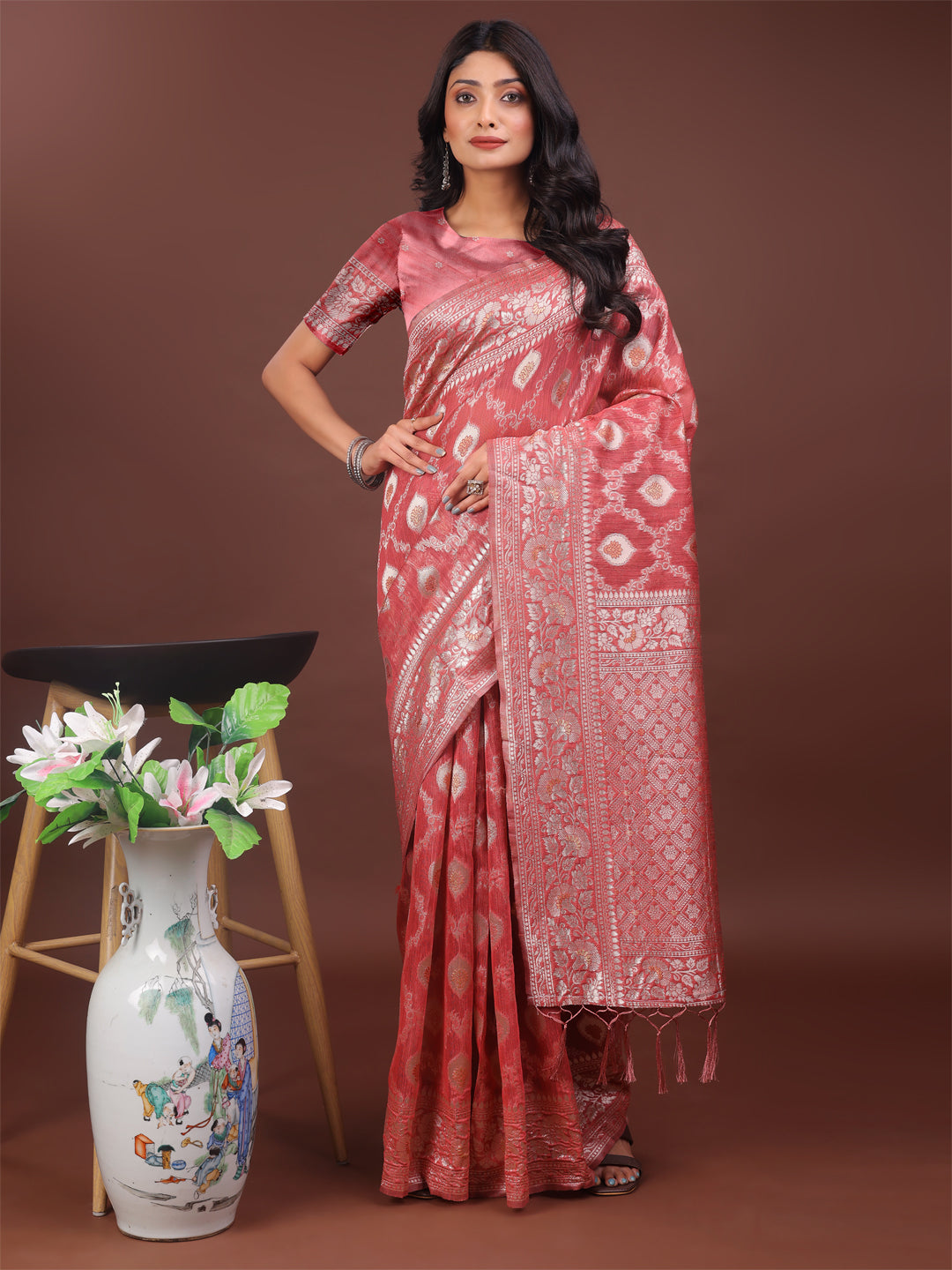 Astita Elegant Peach Linen Cotton Saree with Silver Zari – Perfect Blend of Comfort & Charm