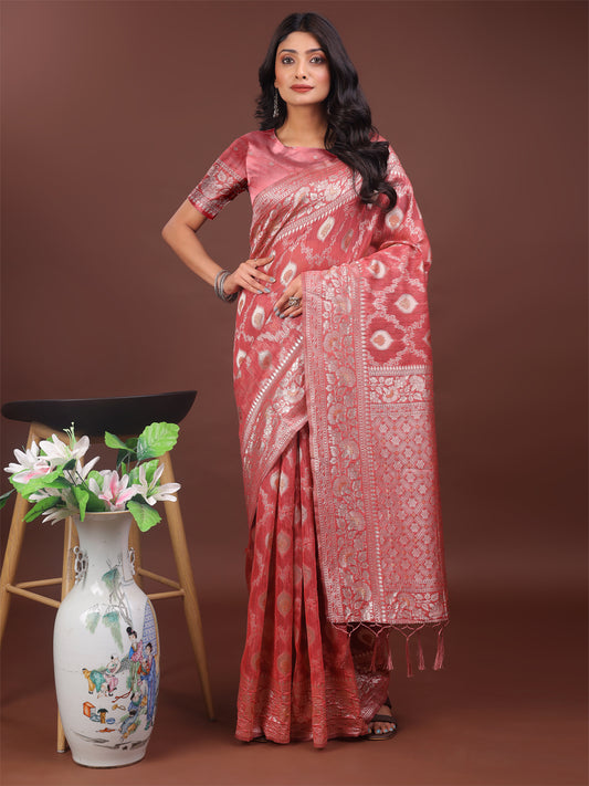 Astita Elegant Peach Linen Cotton Saree with Silver Zari – Perfect Blend of Comfort & Charm