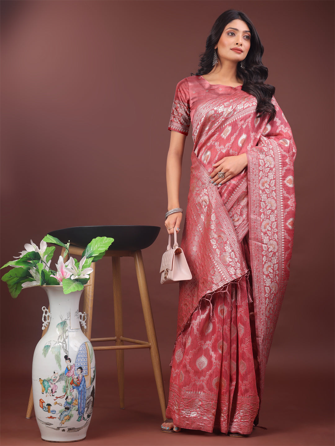 Astita Elegant Peach Linen Cotton Saree with Silver Zari – Perfect Blend of Comfort & Charm