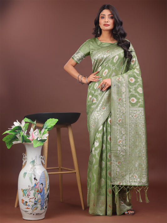 Astita Elegant Light Green Linen Cotton Saree with Silver Zari – Perfect Blend of Comfort & Charm