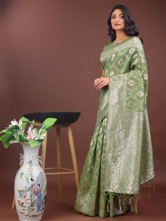 Astita Elegant Light Green Linen Cotton Saree with Silver Zari – Perfect Blend of Comfort & Charm