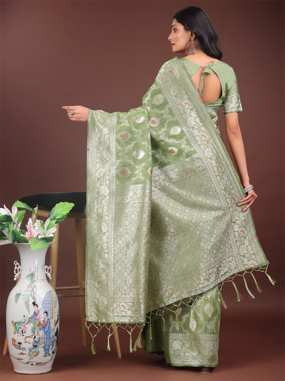 Astita Elegant Light Green Linen Cotton Saree with Silver Zari – Perfect Blend of Comfort & Charm
