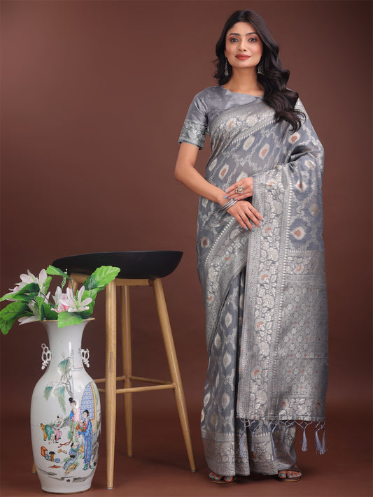 Astita Elegant Grey Linen Cotton Saree with Silver Zari – Perfect Blend of Comfort & Charm