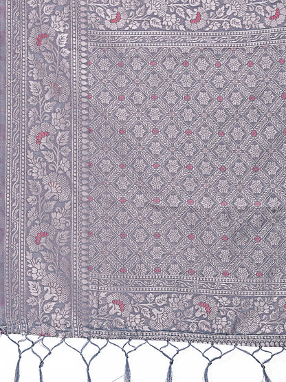 Astita Elegant Grey Linen Cotton Saree with Silver Zari – Perfect Blend of Comfort & Charm