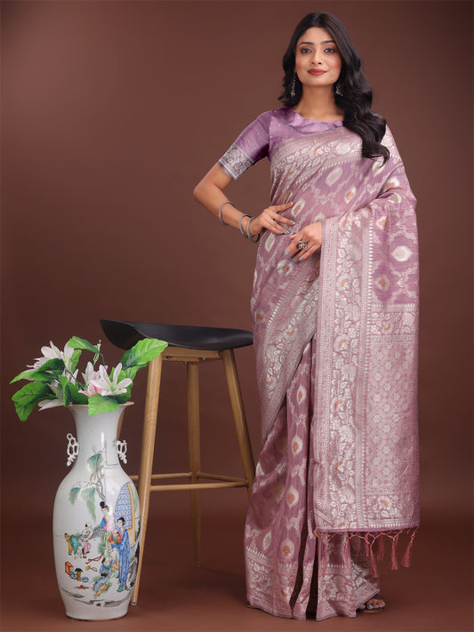 Astita Elegant Purple Linen Cotton Saree with Silver Zari – Perfect Blend of Comfort & Charm