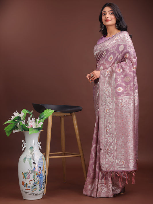 Astita Elegant Purple Linen Cotton Saree with Silver Zari – Perfect Blend of Comfort & Charm